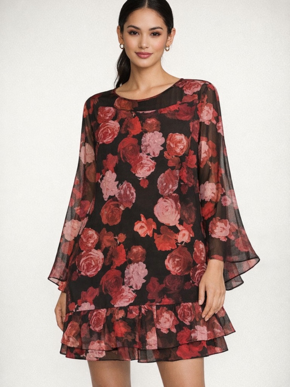 BCBGeneration Black Mini Dress with Red and Pink Floral Print